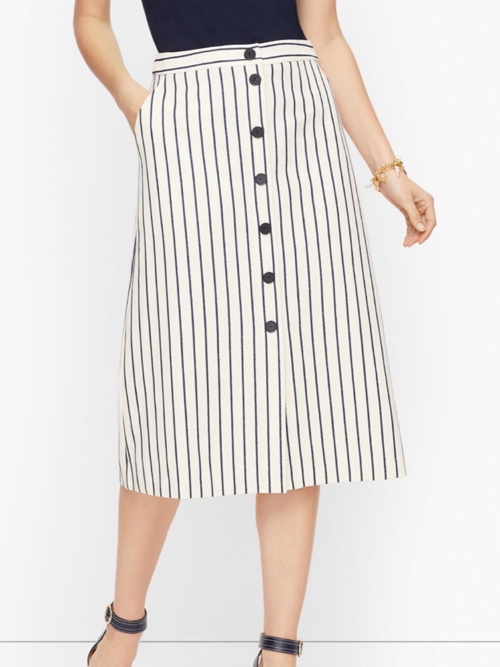 Talbots Heron Stripe Skirt Button Down A Line Pockets Knee Length Womens Size 18